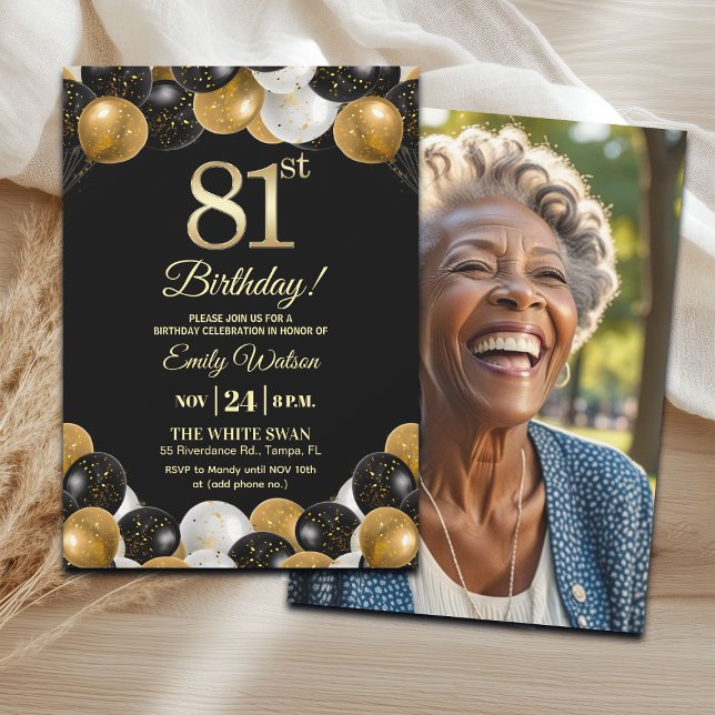 Convite Elegant Black Gold Glitter 81st Birthday Photo (Criador carregado)