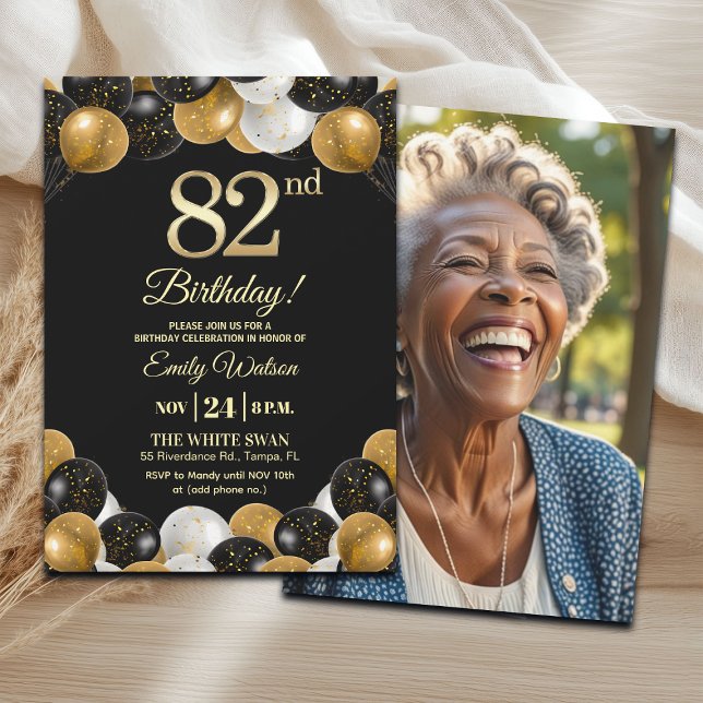 Convite Elegant Black Gold Glitter 82nd Birthday Photo (Criador carregado)