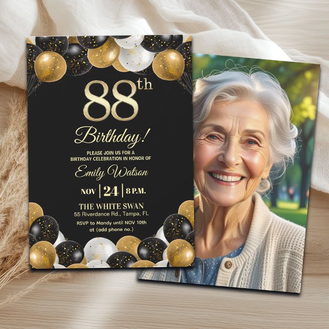 Convite Elegant Black Gold Glitter 88th Birthday Photo (Criador carregado)