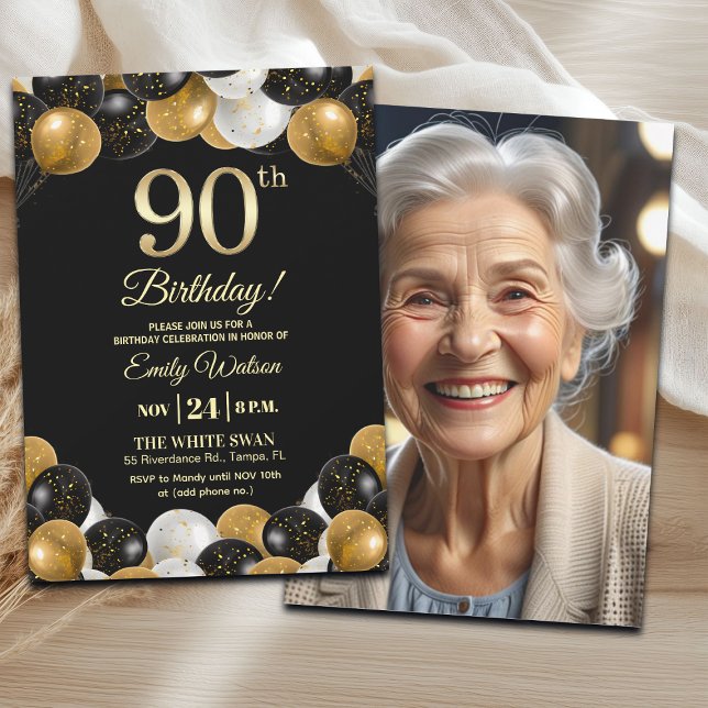 Convite Elegant Black Gold Glitter 90th Birthday Photo (Criador carregado)