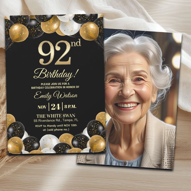 Convite Elegant Black Gold Glitter 92nd Birthday Photo (Criador carregado)
