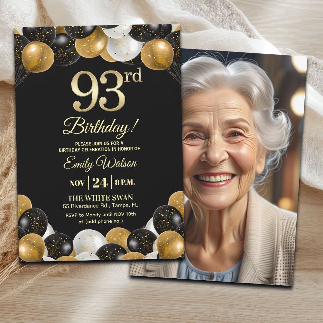 Convite Elegant Black Gold Glitter 93rd Birthday Photo (Criador carregado)