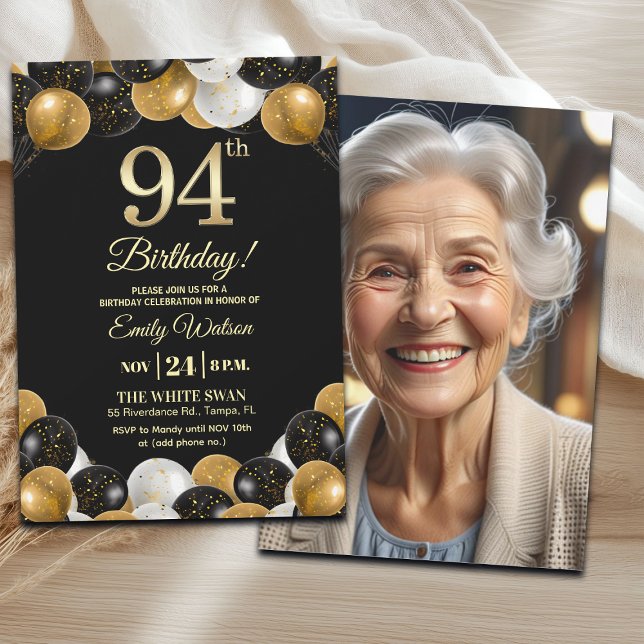 Convite Elegant Black Gold Glitter 94th Birthday Photo (Criador carregado)