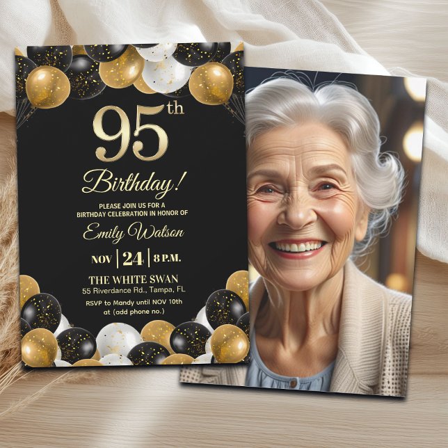 Convite Elegant Black Gold Glitter 95th Birthday Photo (Criador carregado)