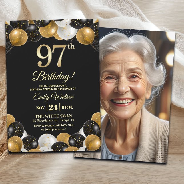 Convite Elegant Black Gold Glitter 97th Birthday Photo (Criador carregado)