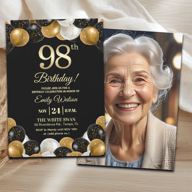 Convite Elegant Black Gold Glitter 98th Birthday Photo (Criador carregado)