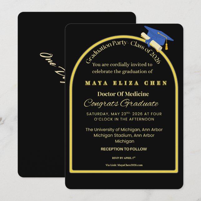 Convite Elegant Black & Gold Graduate Celebration Invite | (Frente/Verso)