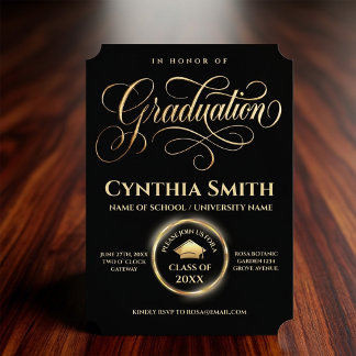 Convite Elegant Black & Gold Graduation 