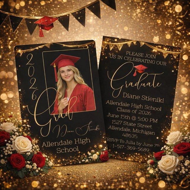 Convite Elegant Black & Gold Graduation Invitation  (Criador carregado)