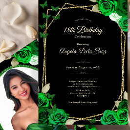 Convite Elegant Black Gold Green Rose 18th Birthday Debut 
