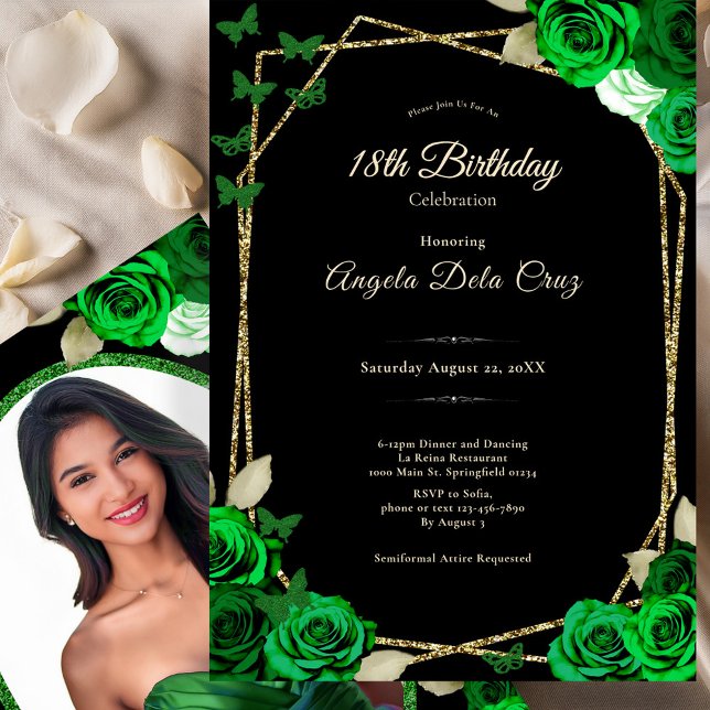 Convite Elegant Black Gold Green Rose 18th Birthday Debut  (Criador carregado)