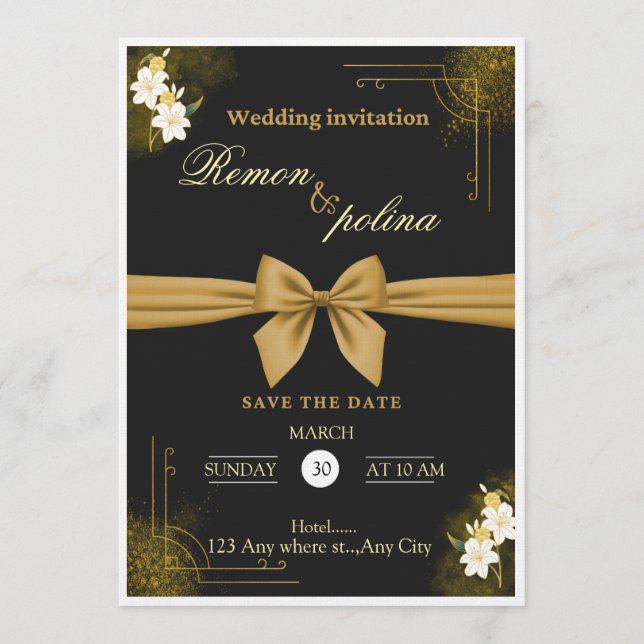 Convite Elegant Black & Gold Luxury Wedding Invitation  (Frente)