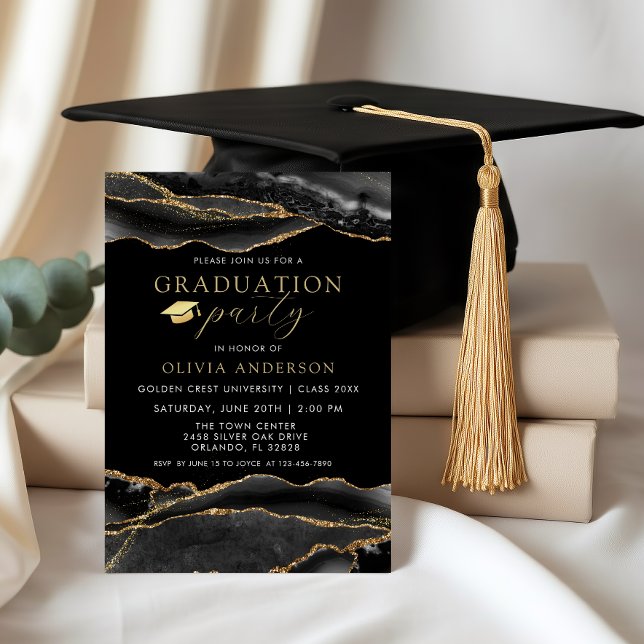 Convite Elegant Black & Gold Marble Graduatio Party (Elegant Black and Gold agate Graduation Party Invitation)