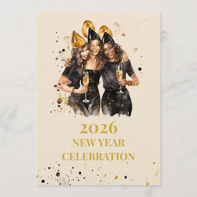 Convite Elegant Black & Gold New Year Invitation (Frente)