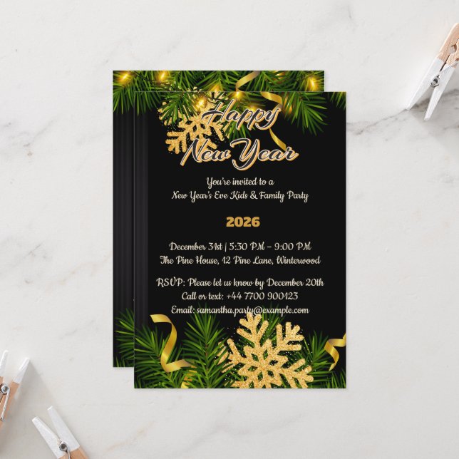 Convite Elegant Black & Gold New Year Invitation 5x7  (Frente/Verso In Situ)