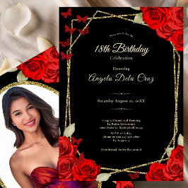 Convite Elegant Black Gold Red Roses 18th Birthday Debut