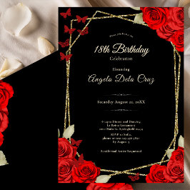 Convite Elegant Black Gold Red Roses 18th Birthday Debut