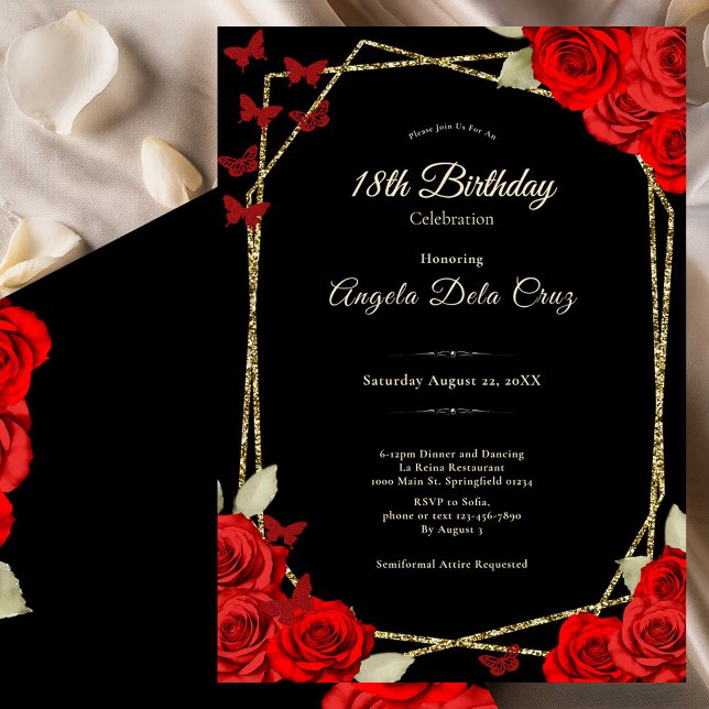 Convite Elegant Black Gold Red Roses 18th Birthday Debut (Criador carregado)