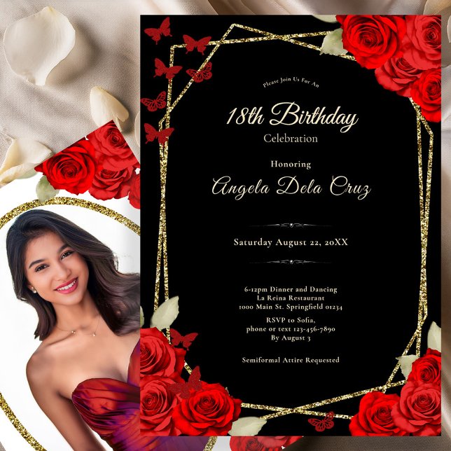 Convite Elegant Black Gold Red Roses 18th Birthday Debut (Criador carregado)