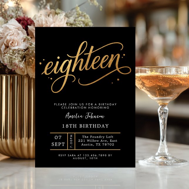 Convite Elegant Black & Gold Script Eighteen 18th Birthday (Criador carregado)