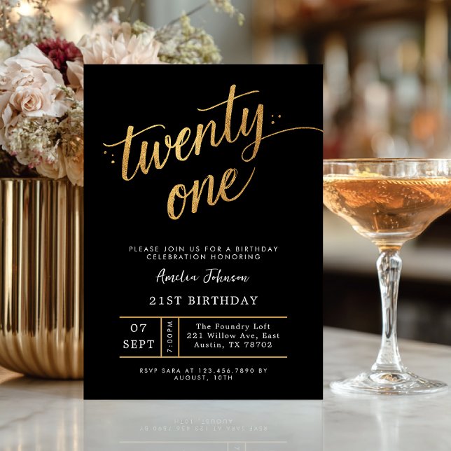 Convite Elegant Black & Gold Script Eighteen 21st Birthday (Criador carregado)