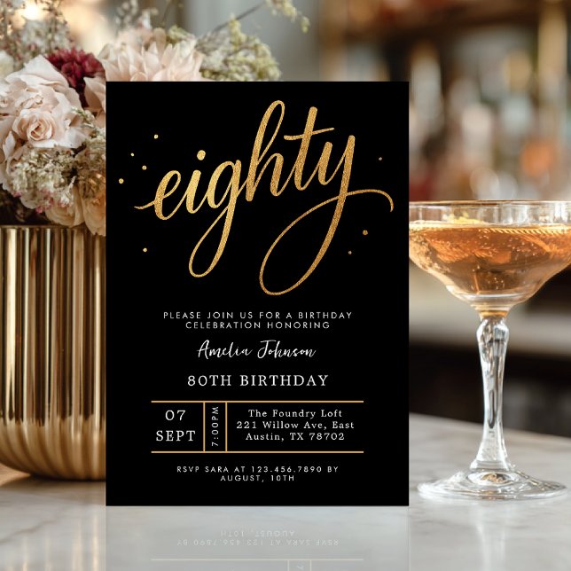 Convite Elegant Black & Gold Script Eighty 80th Birthday (Celebrate eighty in elegant style with this luxurious black and gold invitation.)