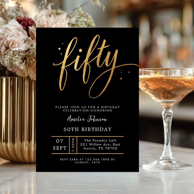 Convite Elegant Black & Gold Script Fifty 50th Birthday  (Celebrate fifty in timeless style with this elegant black and gold invitation)