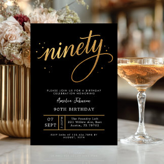Convite Elegant Black & Gold Script Ninety 90th Birthday