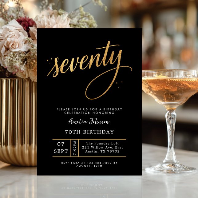 Convite Elegant Black & Gold Script Seventy 70th Birthday  (Celebrate seventy in timeless style with this elegant black and gold invitation.)