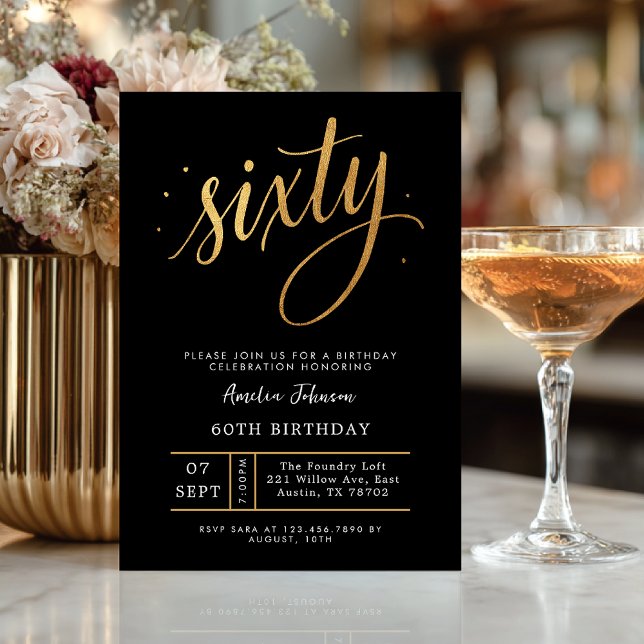 Convite Elegant Black & Gold Script Sixty 60th Birthday  (Celebrate sixty in elegant style with this luxurious black and gold invitation.)