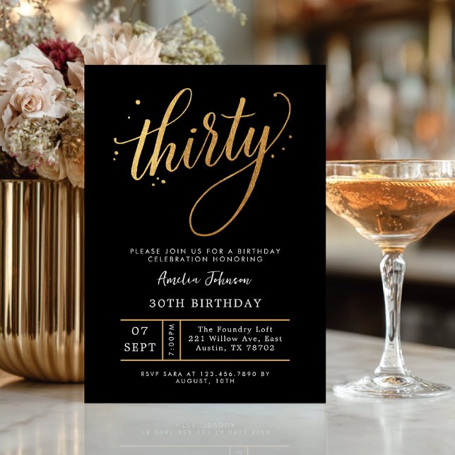Convite Elegant Black & Gold Script Thirty 30th Birthday (Criador carregado)