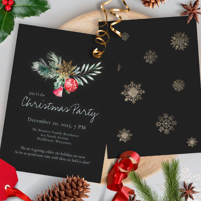 Convite Elegant Black Gold Snowflake Christmas Party (Criador carregado)