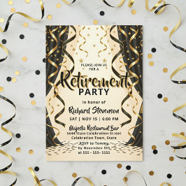Convite Elegant Black Gold Streamers Retirement Party