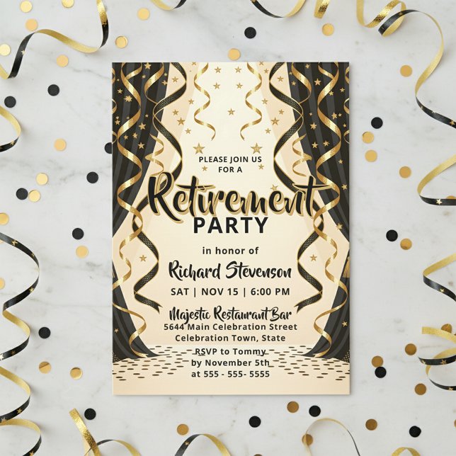Convite Elegant Black Gold Streamers Retirement Party (Criador carregado)