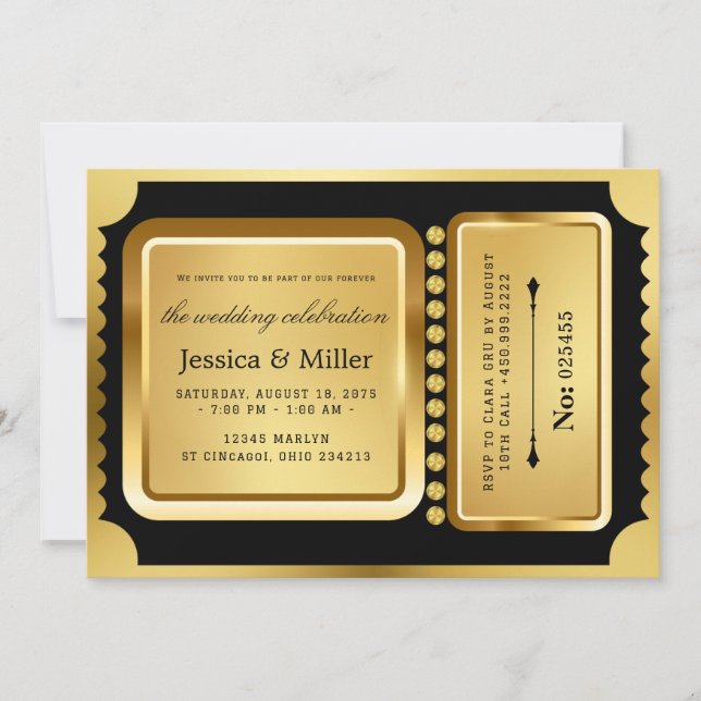 Convite Elegant Black & Gold Ticket Wedding Invitation (Frente)
