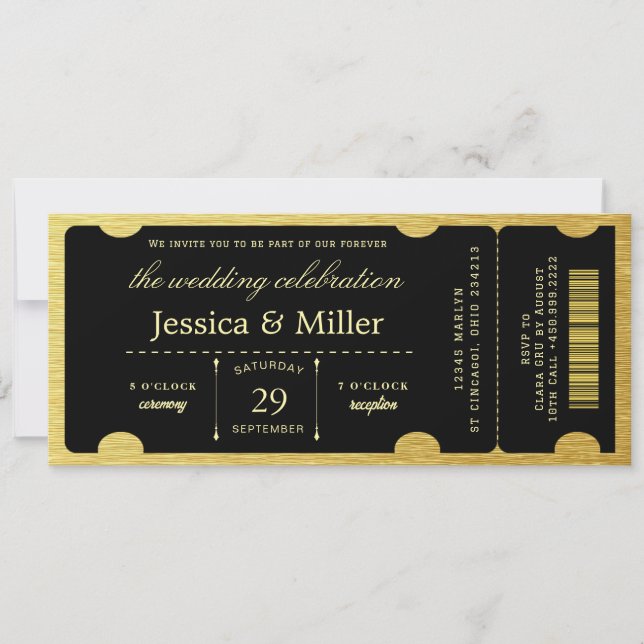 Convite Elegant Black & Gold Ticket Wedding Invitation (Frente)