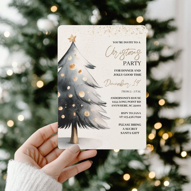 Convite Elegant Black & Gold Watercolor Christmas (Criador carregado)