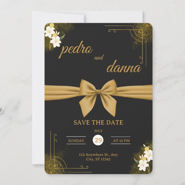 Convite Elegant Black & Gold Wedding Invitation (Frente)