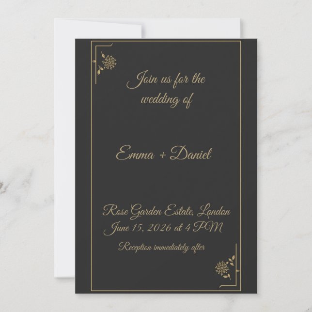 Convite Elegant Black & Gold Wedding Invitation (Frente)