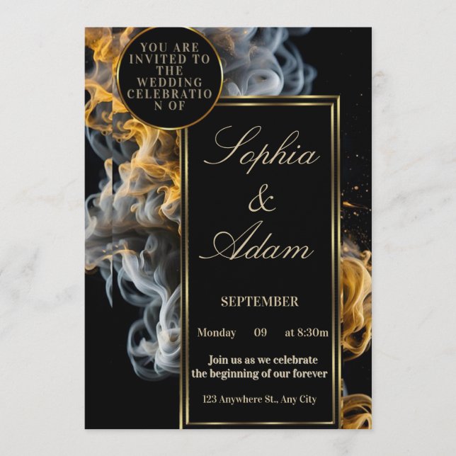 Convite Elegant Black & Gold Wedding Invitation (Frente)