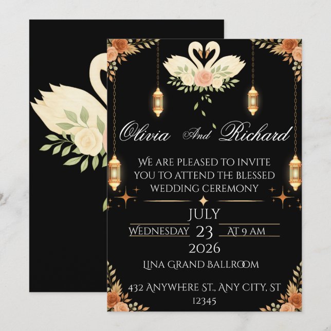 Convite Elegant Black & Gold Wedding Invitation Template (Frente/Verso)