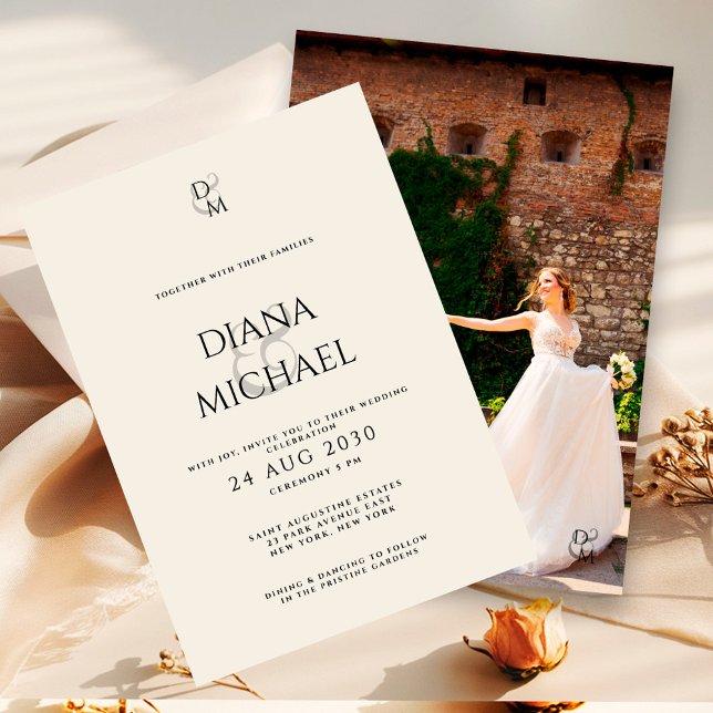 Convite Elegant Black & Ivory Monogram Wedding Photo (Criador carregado)
