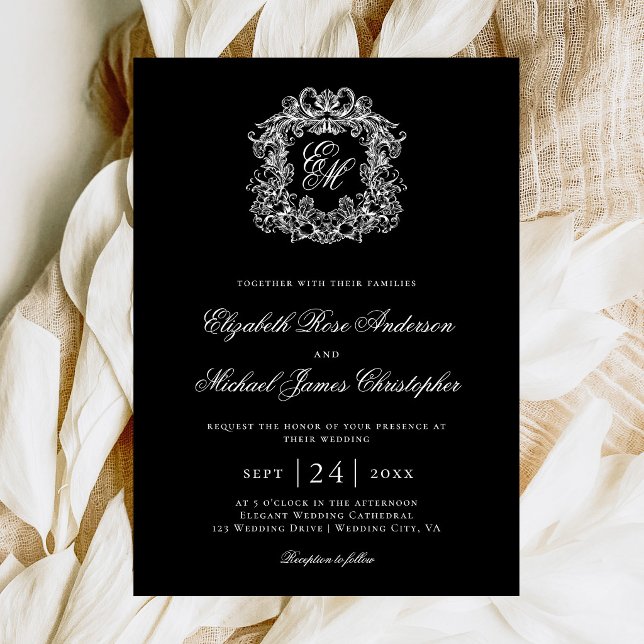 Convite Elegant Black Monogram Wedding Crest (Criador carregado)