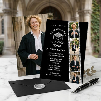 Convite Elegant Black Photo Strip Graduation with Glitter