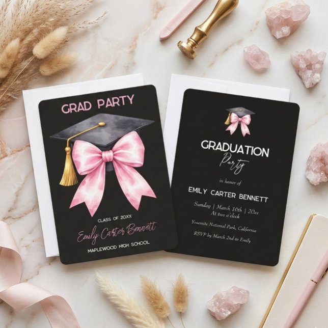 Convite Elegant Black Pink Coquette Bow Graduation (Criador carregado)