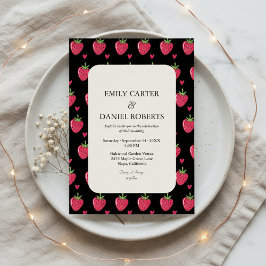 Convite Elegant Black & Pink Strawberry Wedding Invitation