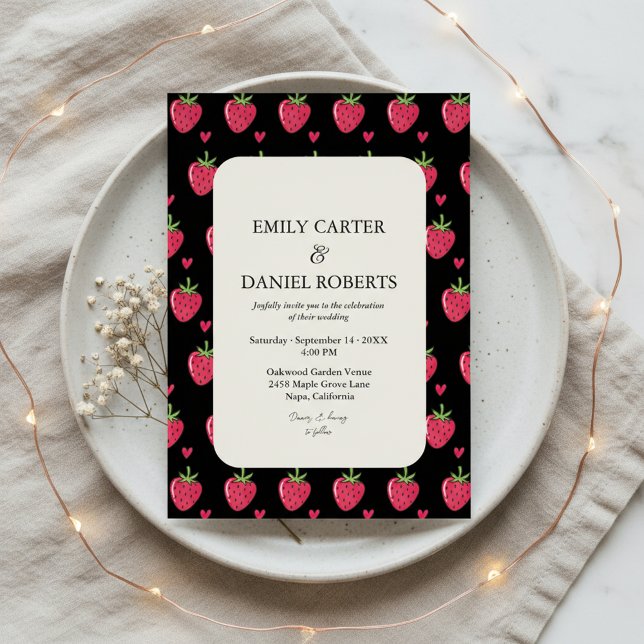 Convite Elegant Black & Pink Strawberry Wedding Invitation (Criador carregado)