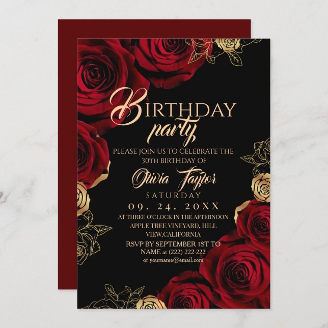 Convite Elegant Black Red Rose Birthday Party (Frente/Verso)