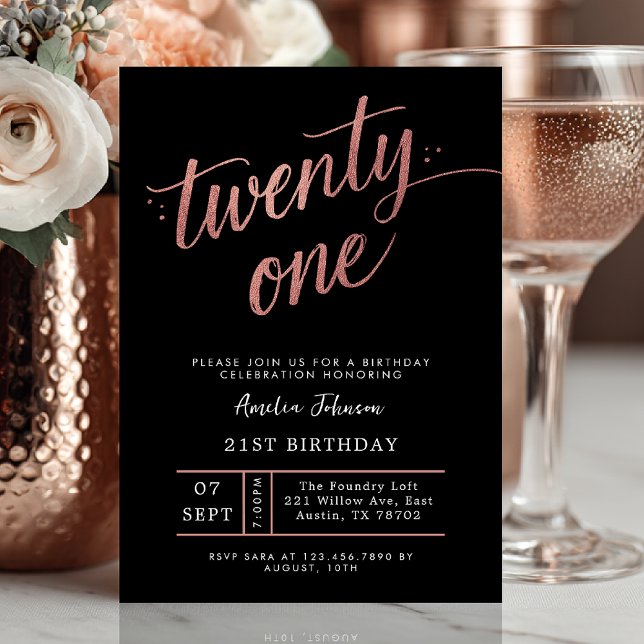 Convite Elegant Black & Rose Gold Script 21st Birthday (rose gold twenty one birthday invite)