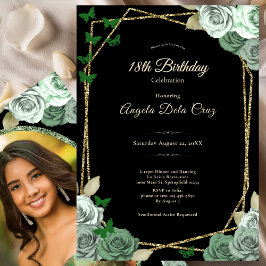 Convite Elegant Black Sage Green Rose 18th Birthday Debut 